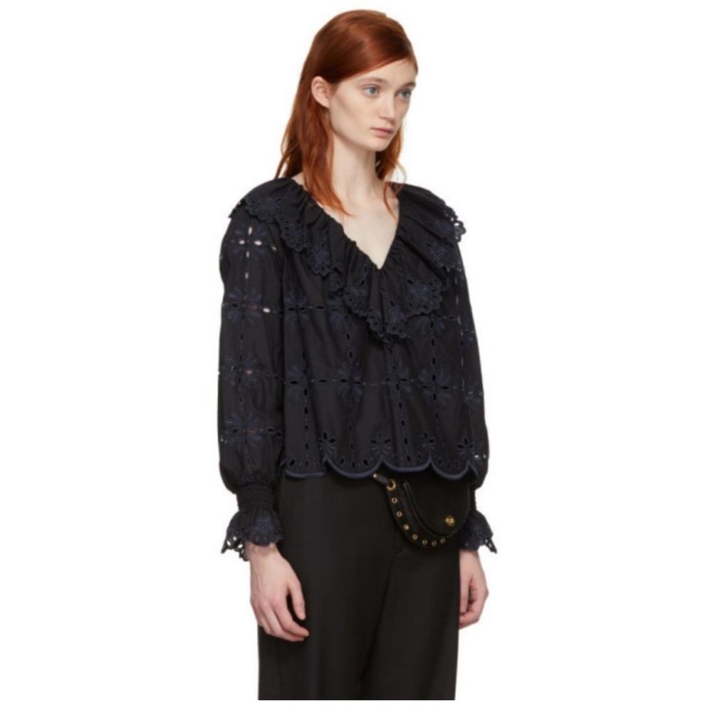 See by Chloe Broderie Anglaise Ruffle Blouse Black Navy Size FR 36/ US 4